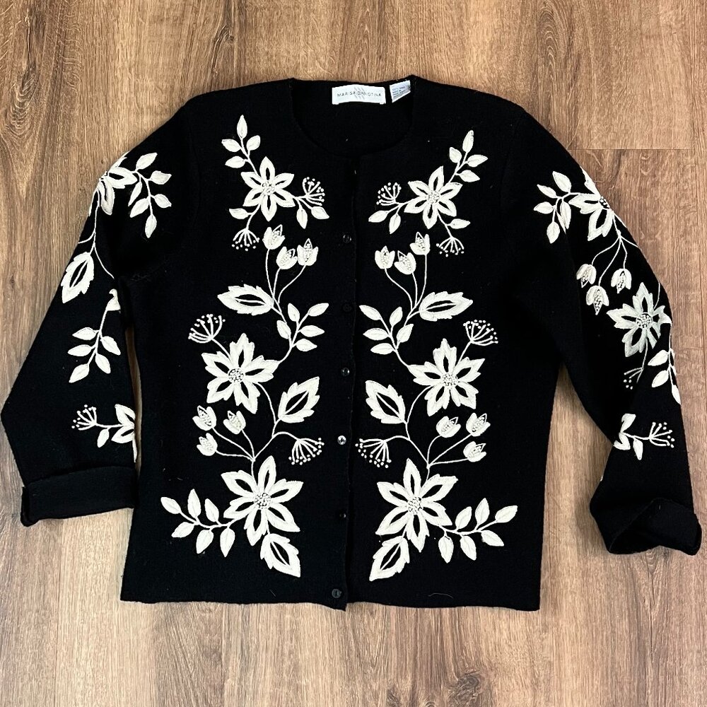 Marisa Christina 100% Wool Black Floral Crewel Embroidered Jacket Sz M
